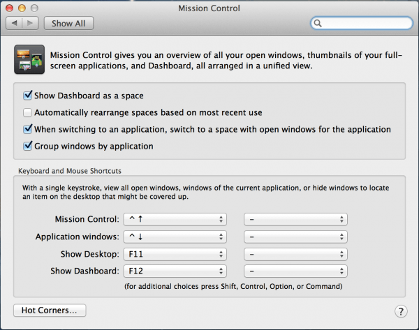 Mission Control Settings