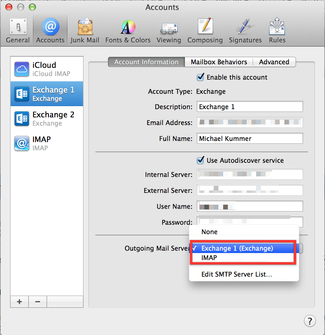 assigning a different outgoing server in outlook for mac