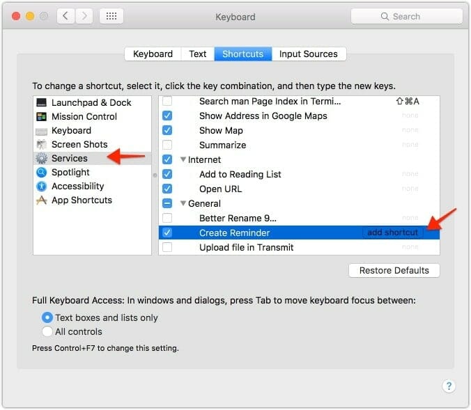 Shortcut to create reminders in Apple Mail and other applications