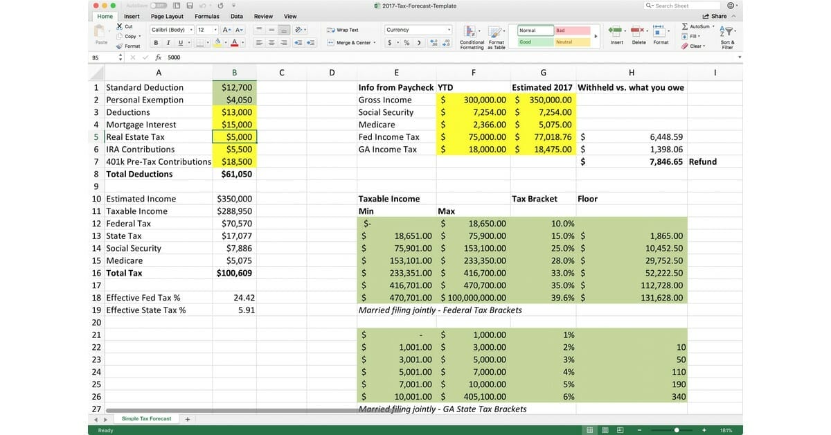 Free Tax Estimate Excel Spreadsheet For 2019 2020 Download 