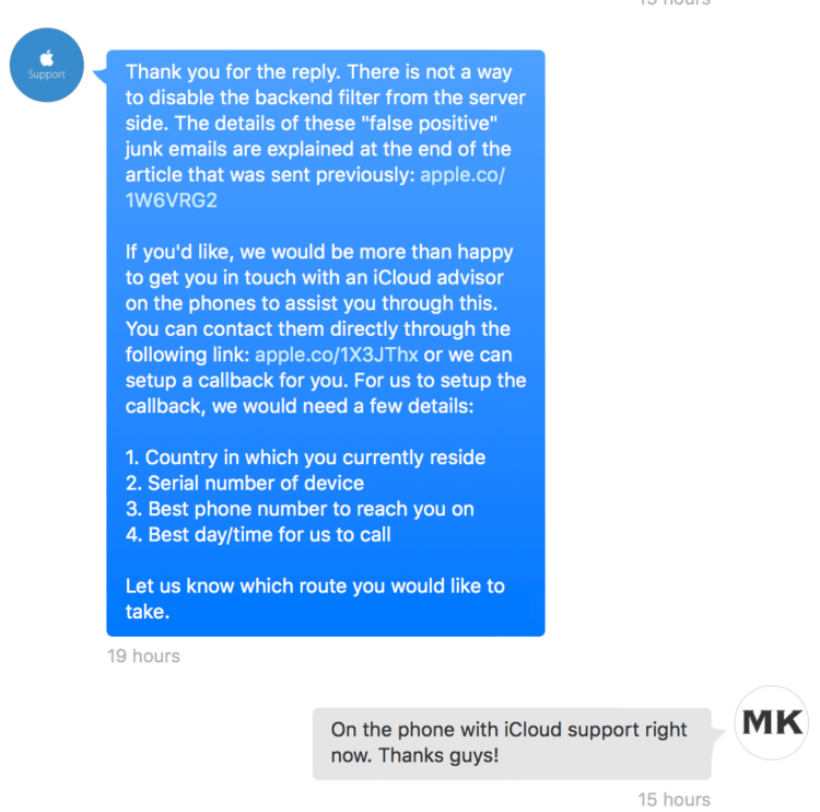 Apple Support re Junk mail filter