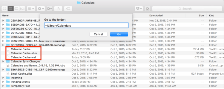 Delete Calendar cache files from hidden Library folder
