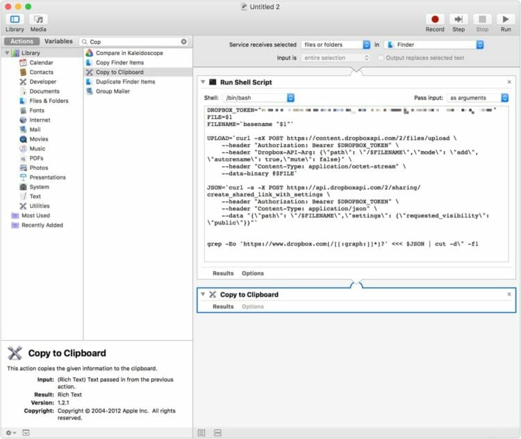 How to create a Dropbox link for any file in Finder using Automator