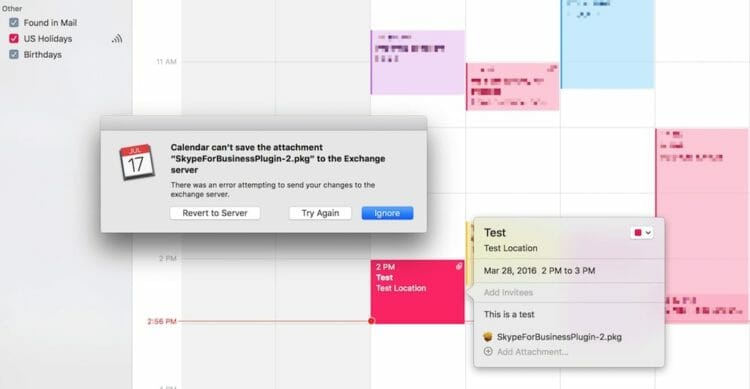 Calendar can't save to Exchange