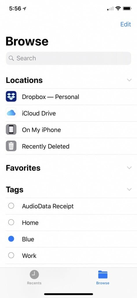 Files app showing tags