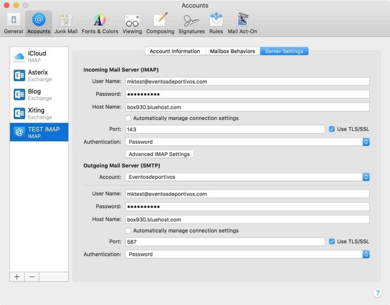 Apple Mail IMAP mail server settings