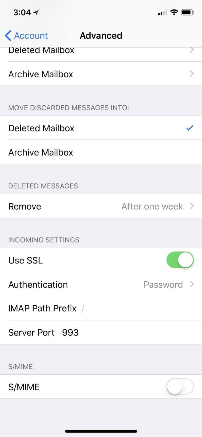 iOS email account settings for incoming (IMAP) mail server