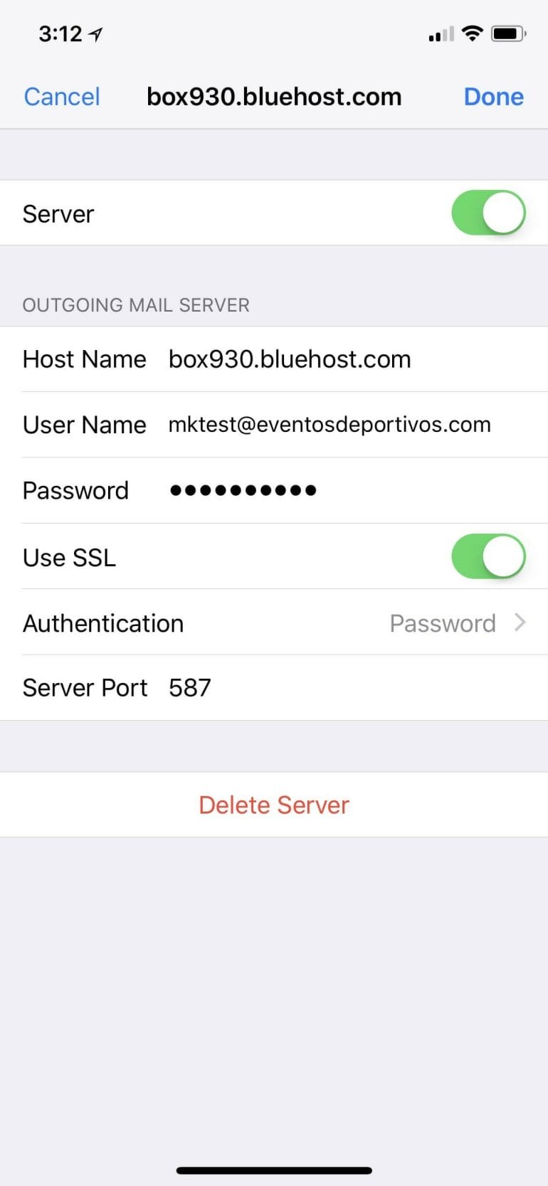iOS account settings for outgoing (smtp) mail server