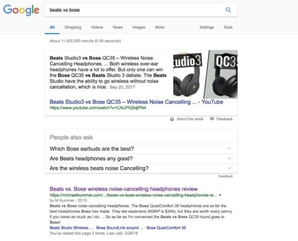 My "Beats vs Bose" article ranks top on Google