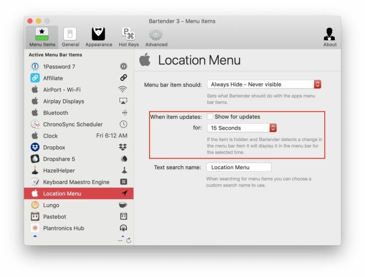 Bartender - Location Menu - Show for updates