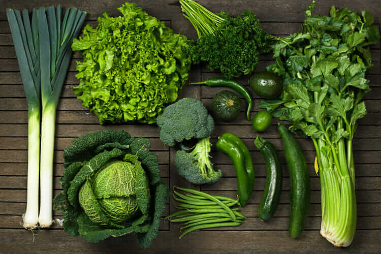 Leafy greens and other nutritious vegetables.
