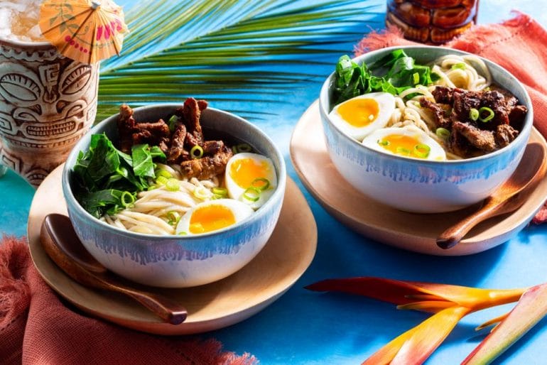Sun Basket: Saimin noodle soup with char siu pork and soft-cooked eggs