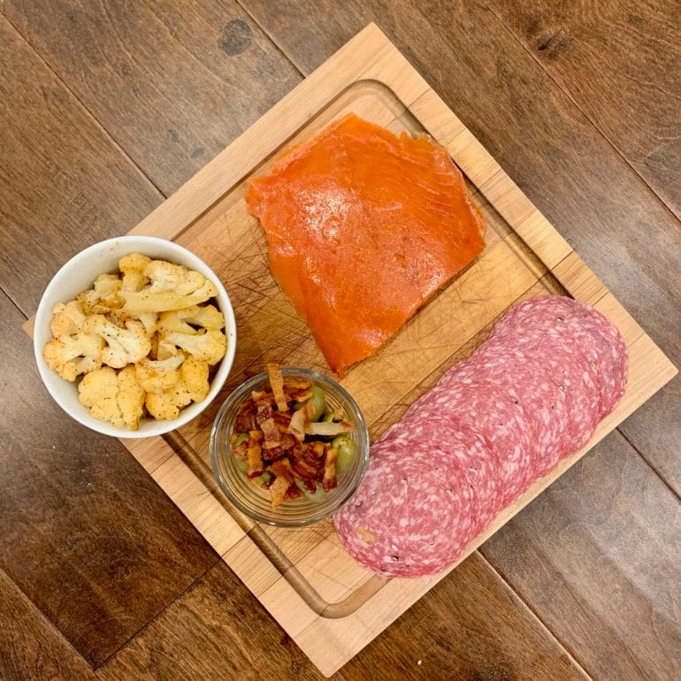 Smoked salmon, uncured salami, olives with bacon and fried cauliflower