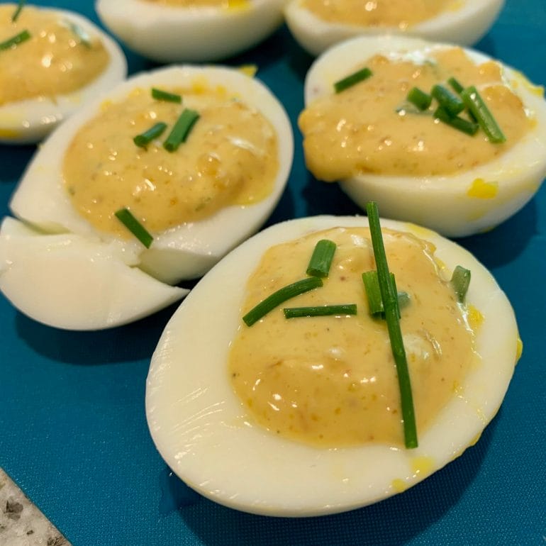 Home-made deviled eggs with chives