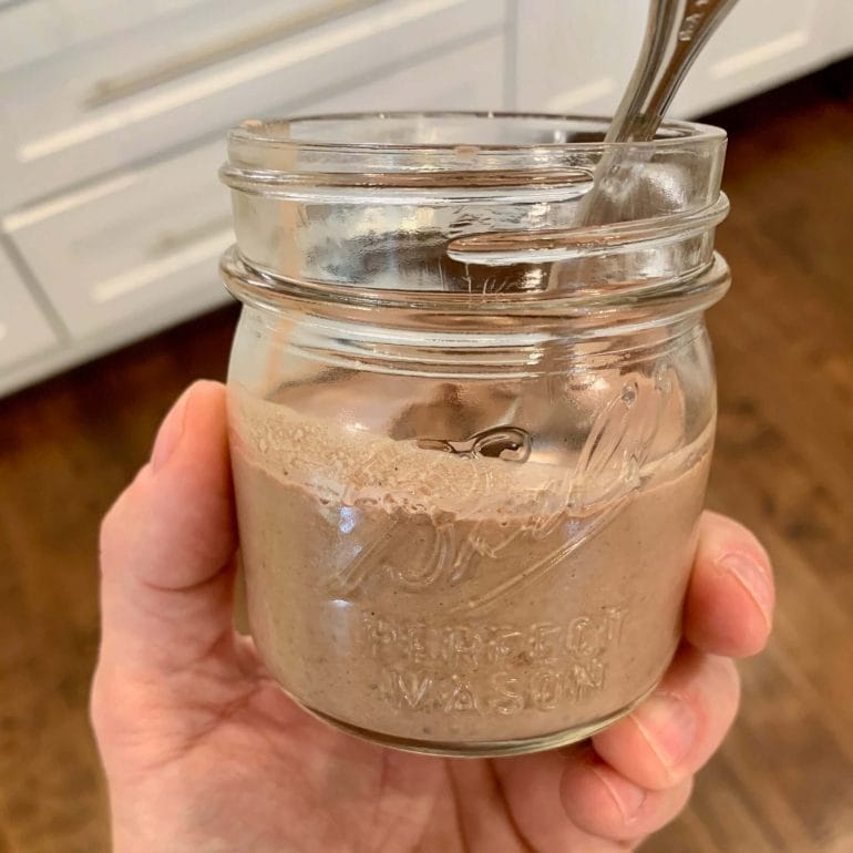 Pudding made out of coconut milk, chia seeds and chocolate powder.