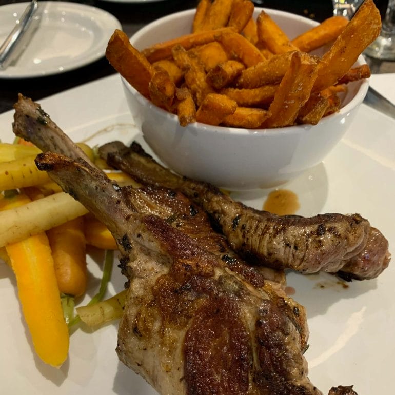 Lamb chops with steamed carrots and sweet potato fries (Dublin Airport Hotel)