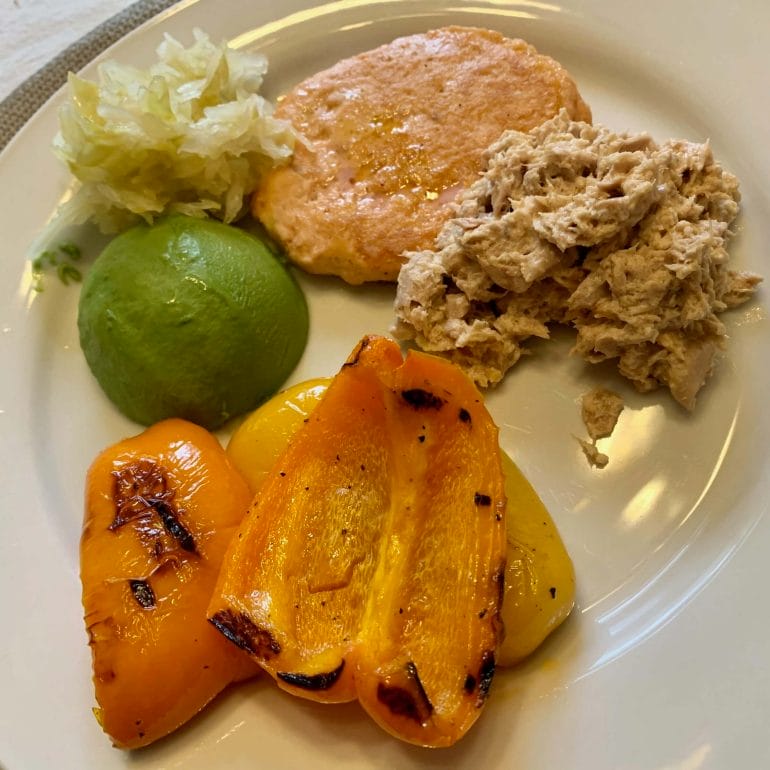 Salmon paddies (Costco) with canned tuna (and mayo), grilled peppers, avocado and sauerkraut
