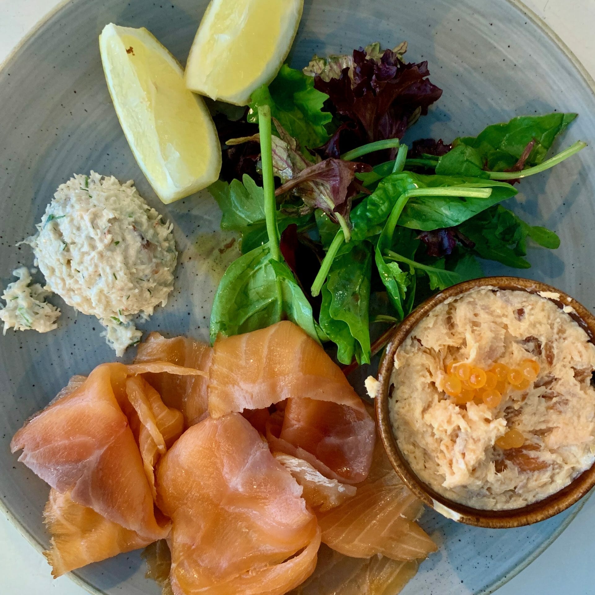 Smoked salmon, trout pate and crab meat