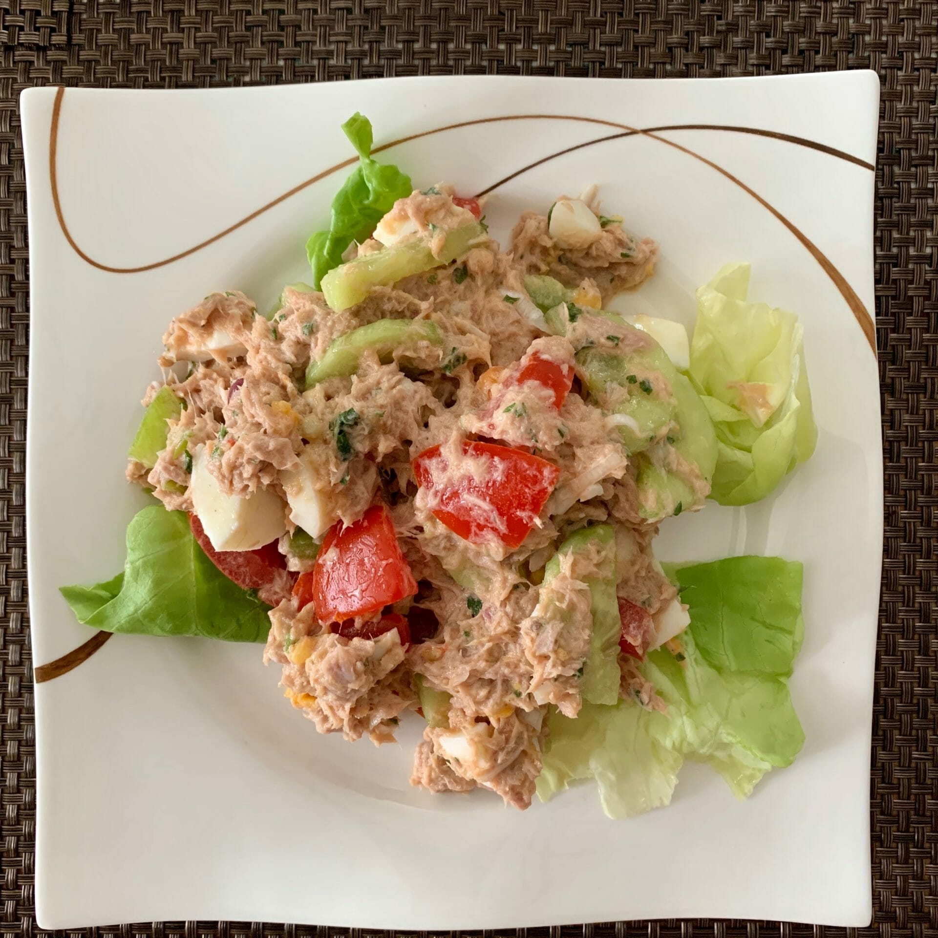 Tuna salad with mayo, eggs, tomatoes, cucumbers and lettuce