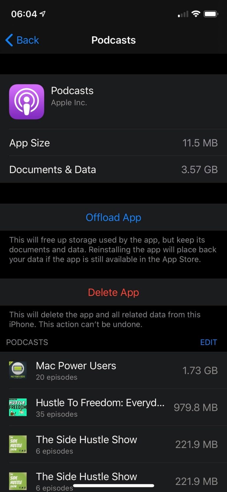 Manage storage space of Podcast app