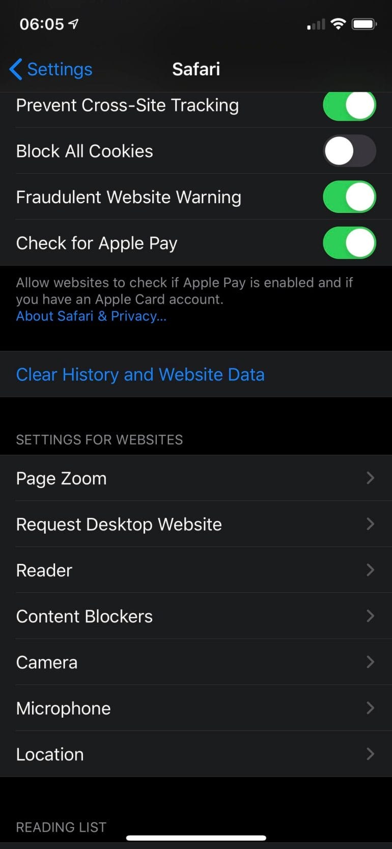Safari: Clear History and Website Data