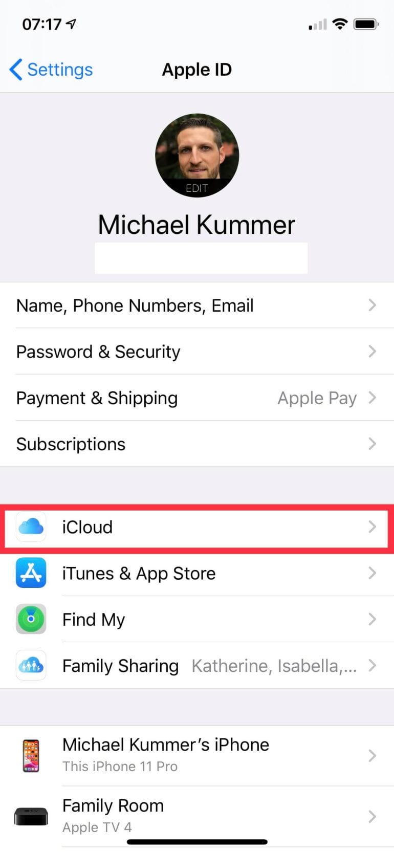 iOS 13 Settings > Apple ID