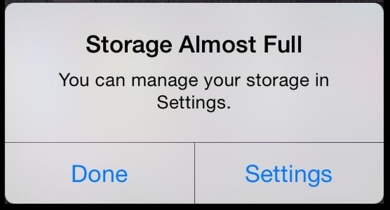 A familiar dialog for some users: Storage Almost Full: You can manage your storage in Settings.
