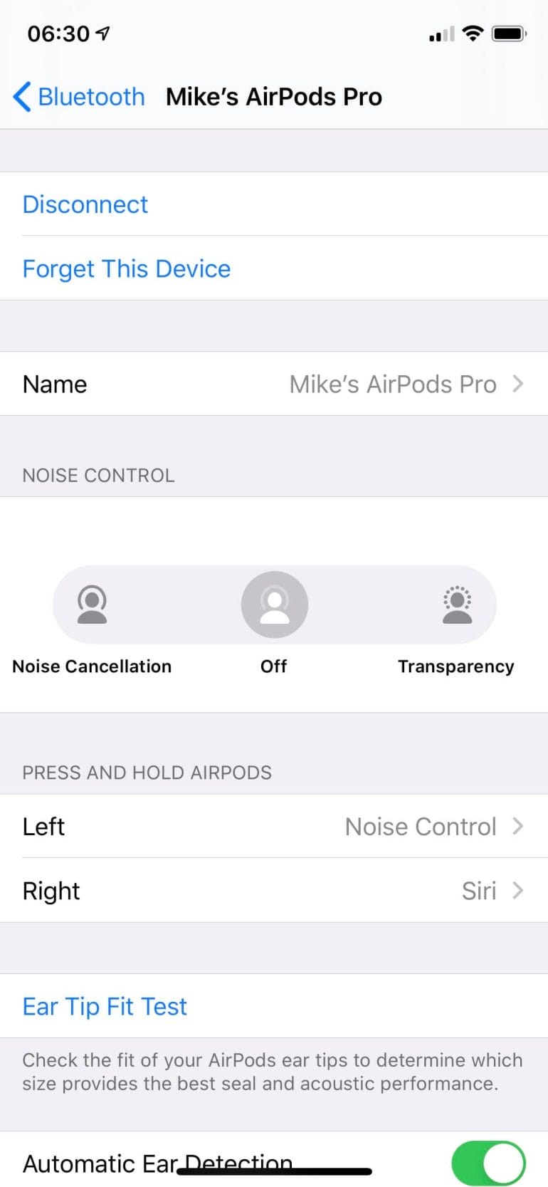 AirPods Pro configuration in Settings panel