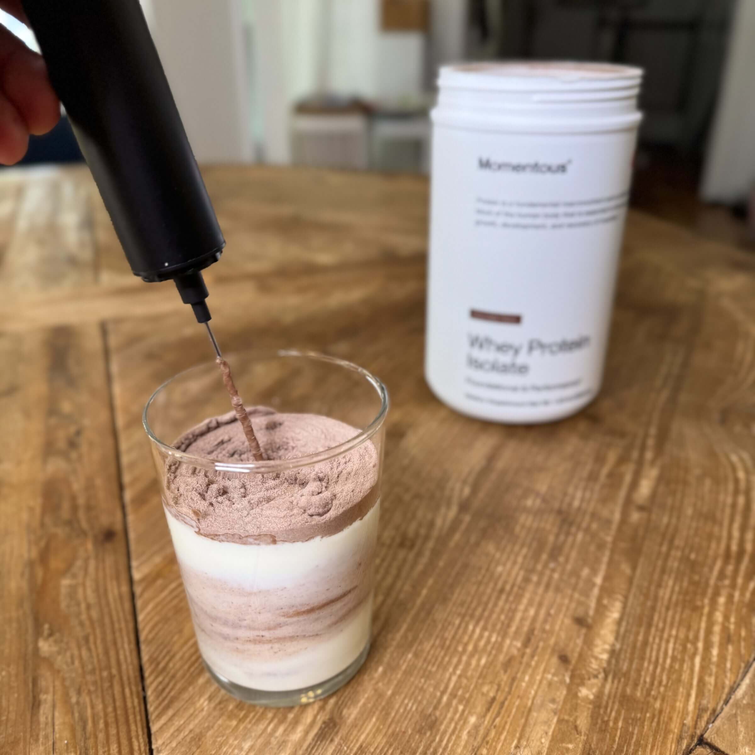 Momentus Whey Protein mixes easily using a frother, shaker bottle or a spoon.