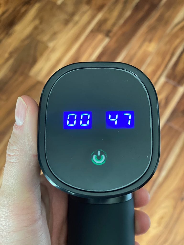 On/off/speed button and battery life indicator.