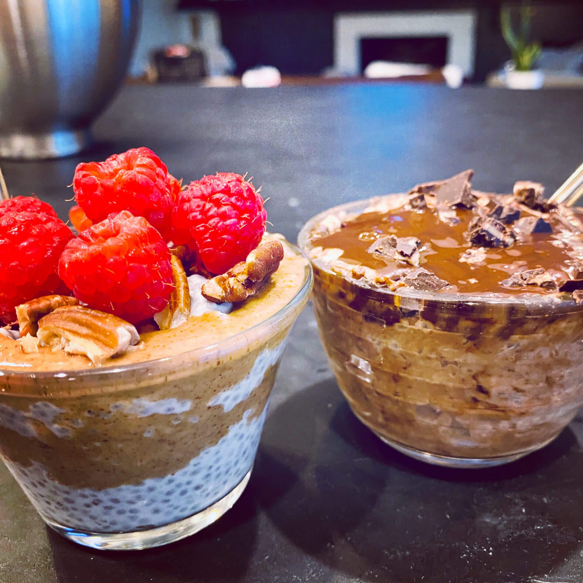 Keto Chia Pudding with Raspberries and chocolate