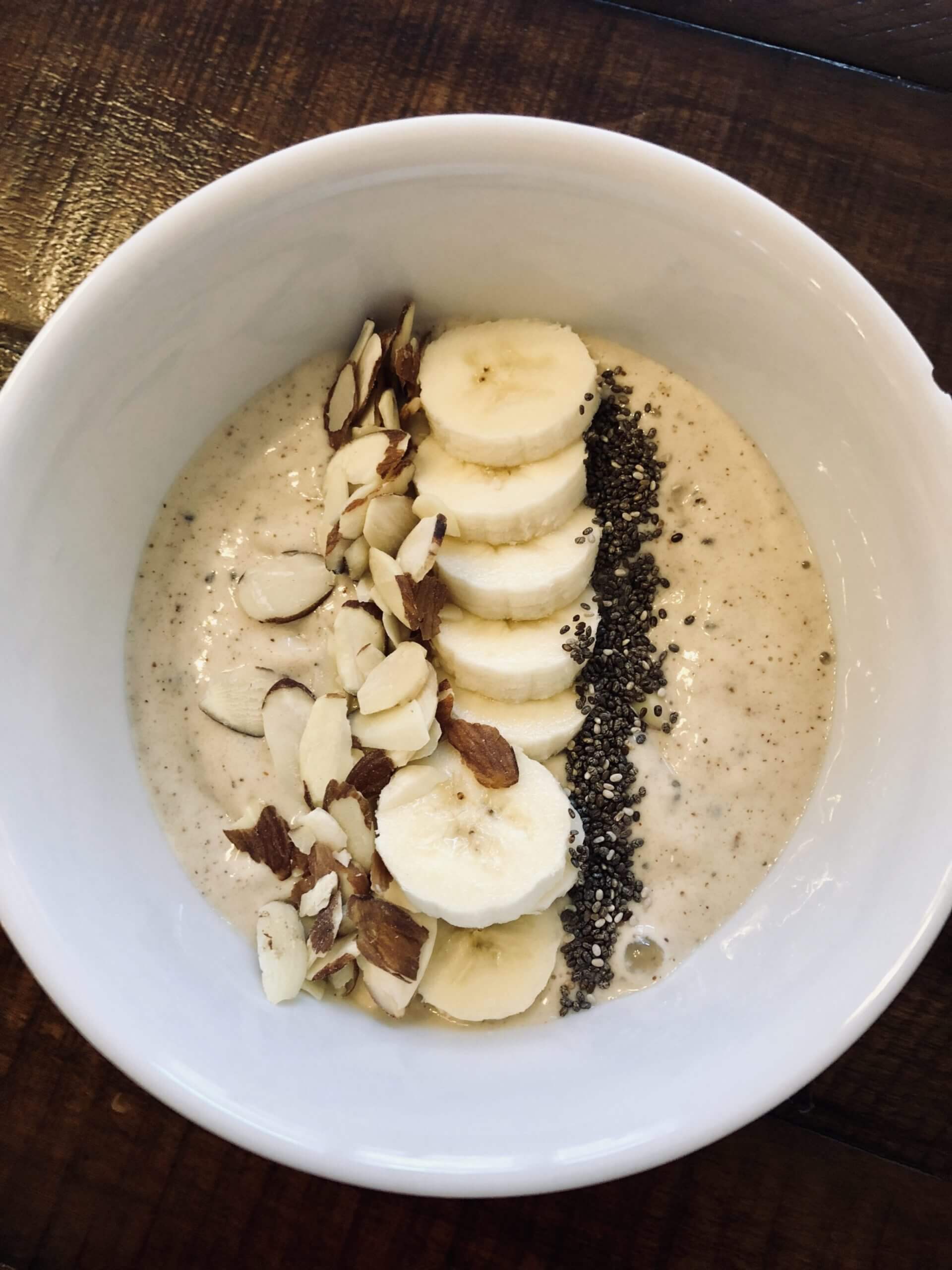 Paleo almond milk pudding with chia seeds and banana.