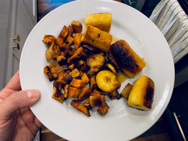 High carb meal consisting of sweet potatoes and sweet plantains