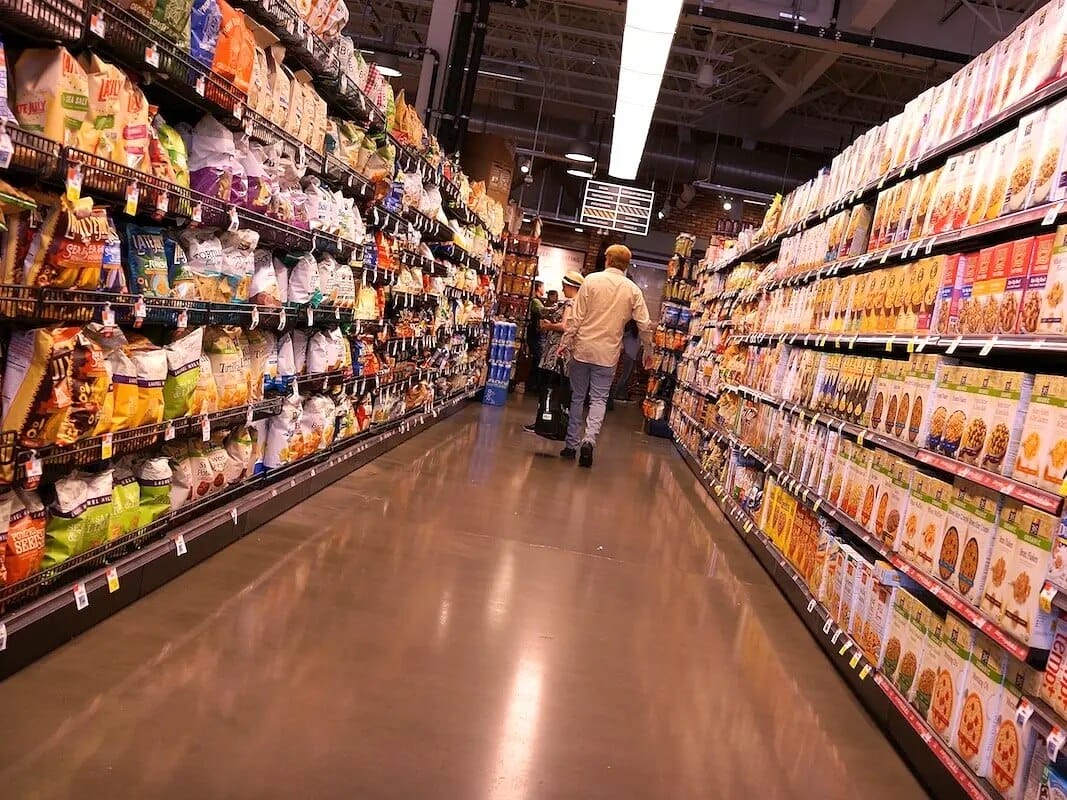 Junk food aisle in grocery store