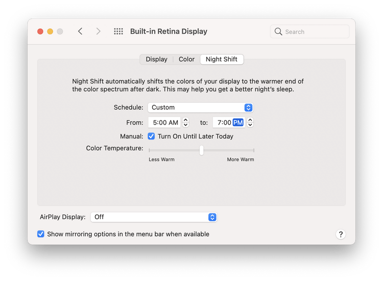 Night Shift settings on my iMac
