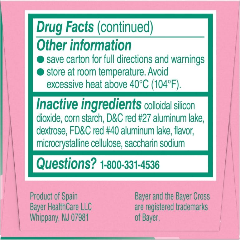 The back of a box of Bayer children's' aspirin showing its ingredients list, which contains estrogenic dyes.