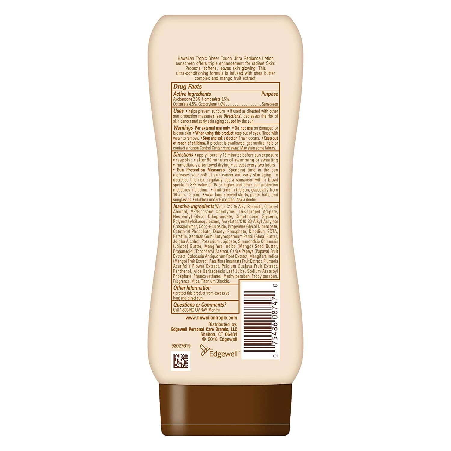 The back of a bottle of Hawaiian Tropic sunscreen, showing its long list of potentially harmful ingredients.