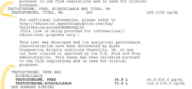 A photo of Michael's 2020 blood work, which shows that he had low testosterone levels.
