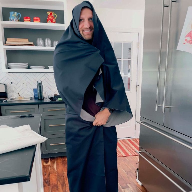 Michael wrapped in his new EMF-blocking blanket
