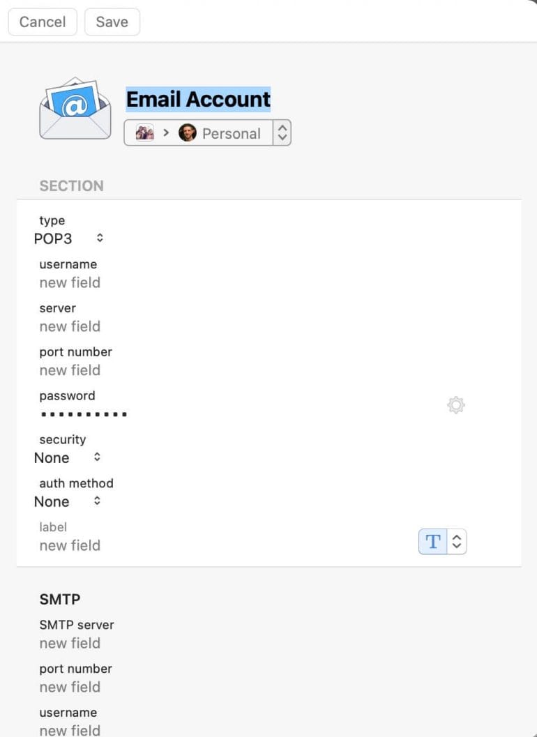 Text entry options for 1Password's Email Accounts category.