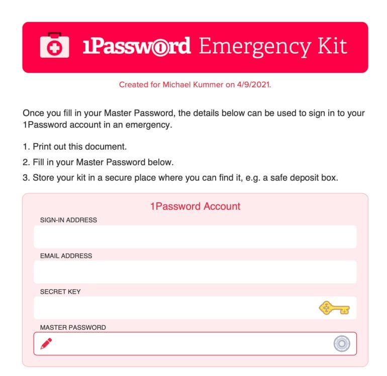 1Password Emergency Kit