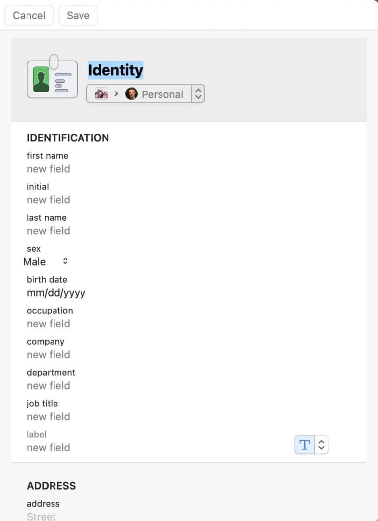 Text entry options for 1Password's Identity category.
