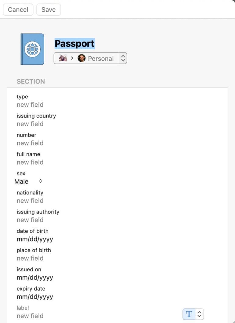 Text entry options for the Passports category.