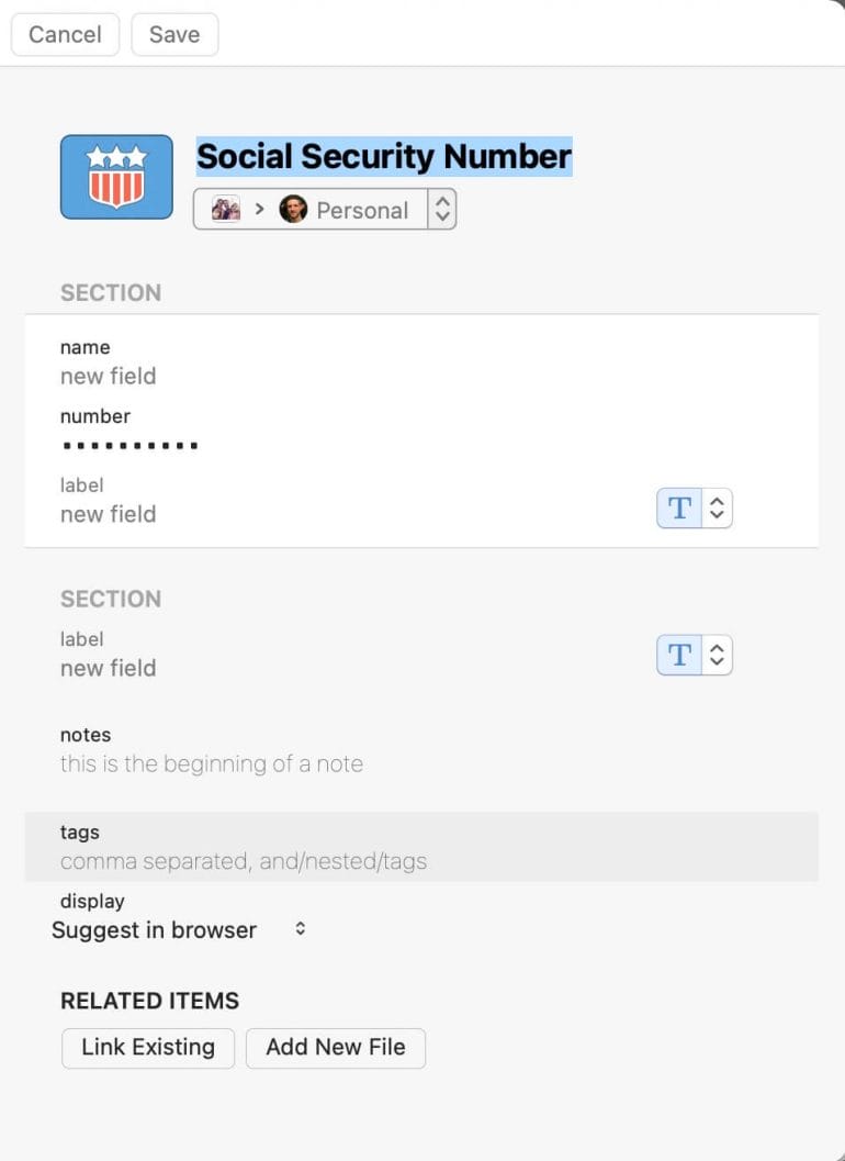 Text entry options for 1Password's Social Security number category.