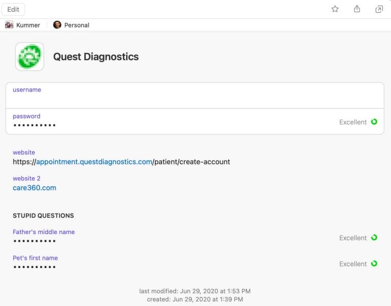 I use 1Password to store "security" questions and answers.