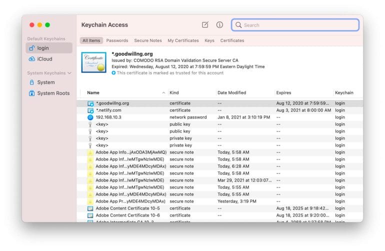 macOS' built-in password manager, Keychain.