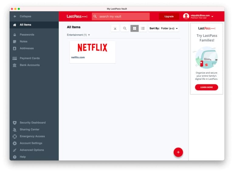 Lastpass Dashboard.