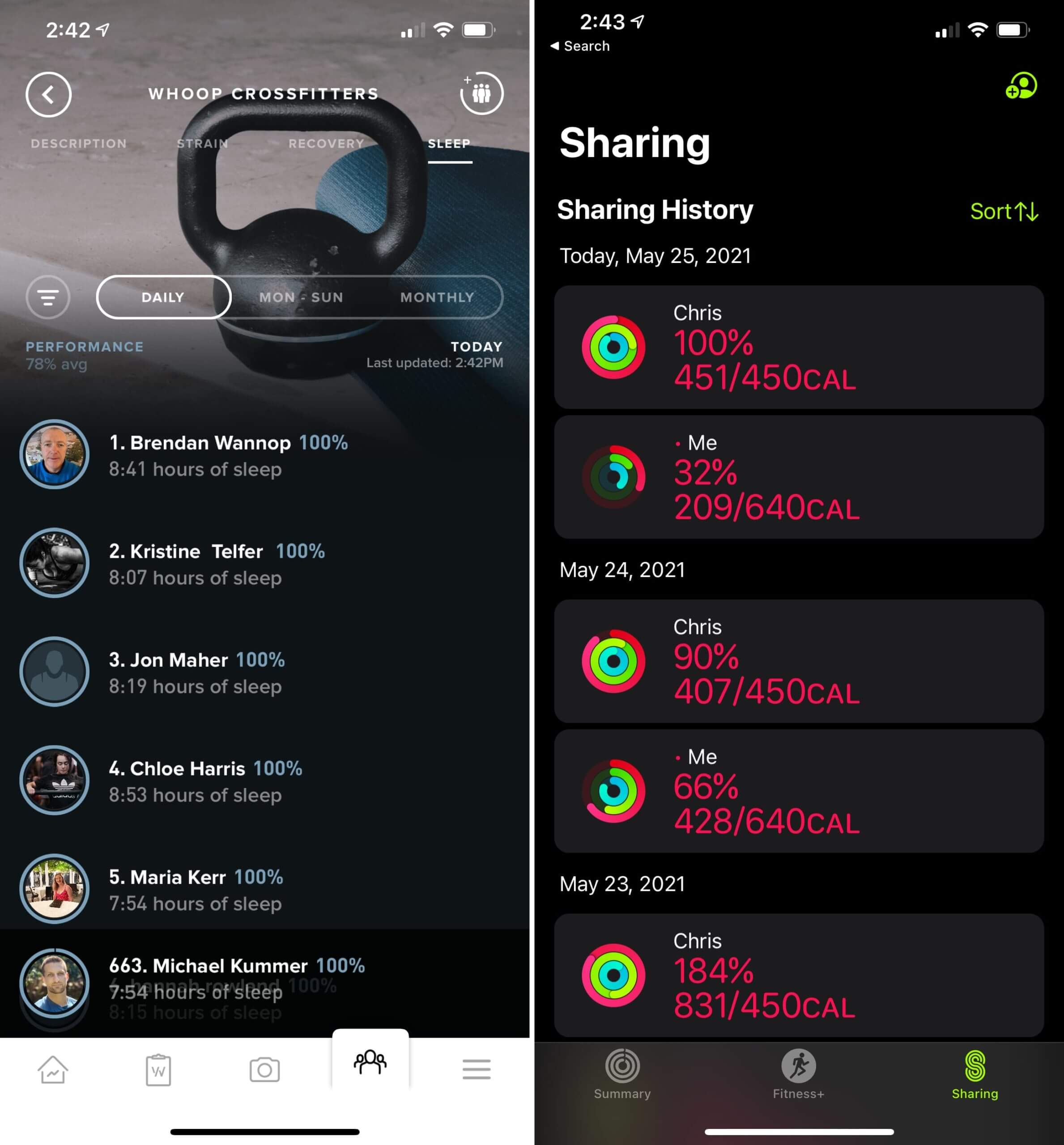 WHOOP teams (left) vs. Apple Watch activity sharing (right).