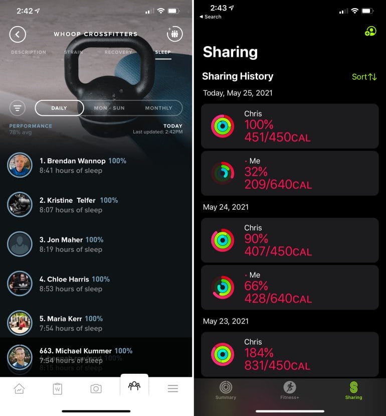 WHOOP teams (left) vs. Apple Watch activity sharing (right).