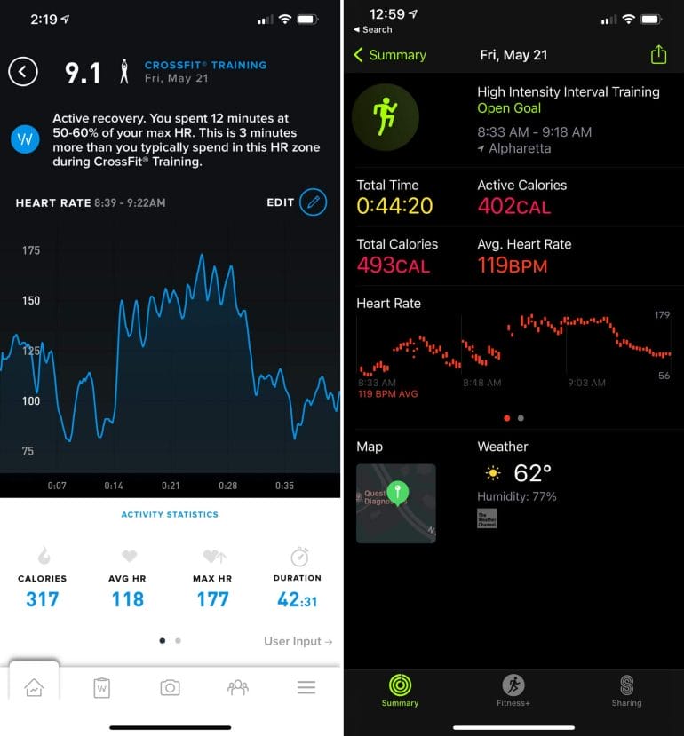 WHOOP activity tracking (left) vs. Apple Watch (right).